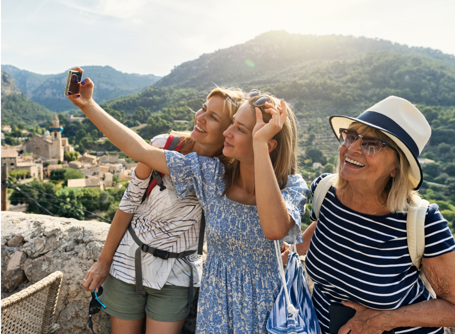 three traveling ladies taking selfie 