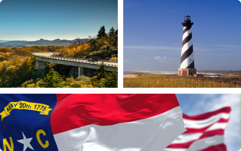 Collage featuring images of the Blueridge Parkway, Cape Hatteras lighthouse and a flag of North Carolina
